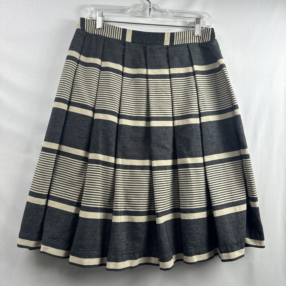 Anthropologie Moulinette Soeurs Skirt Size 8 Tan Grey Stripe Pleated Flare